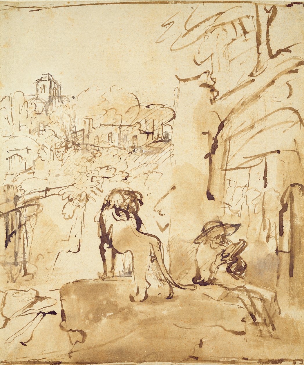 Szent Jeromos tájban olvas (toll és mosás papíron) alkotó: Rembrandt van Rijn