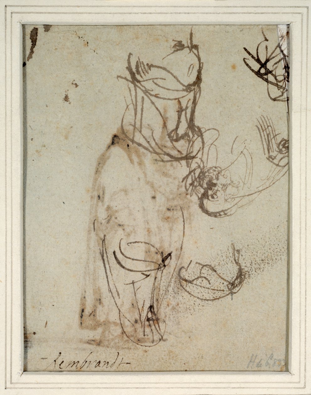 Tanulmányok egy magas fejdíszről; és a recto-tól fordított fejjel (toll és tinta papíron) (2636119-es verzió) alkotó: Rembrandt Harmensz. van Rijn