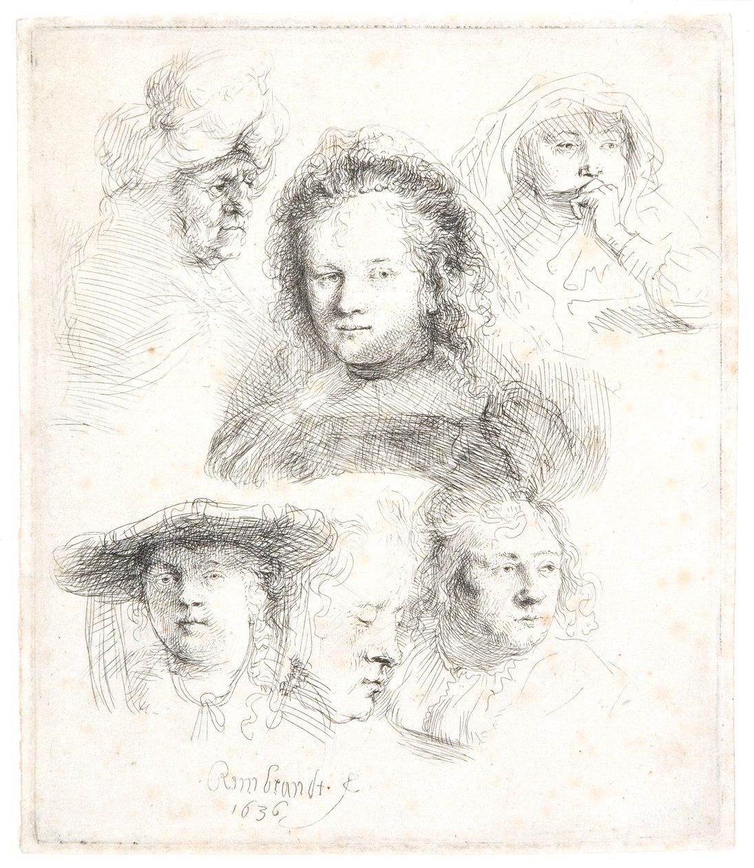 Tanulmányok Saskia és mások fejéről alkotó: Rembrandt Harmensz. van Rijn