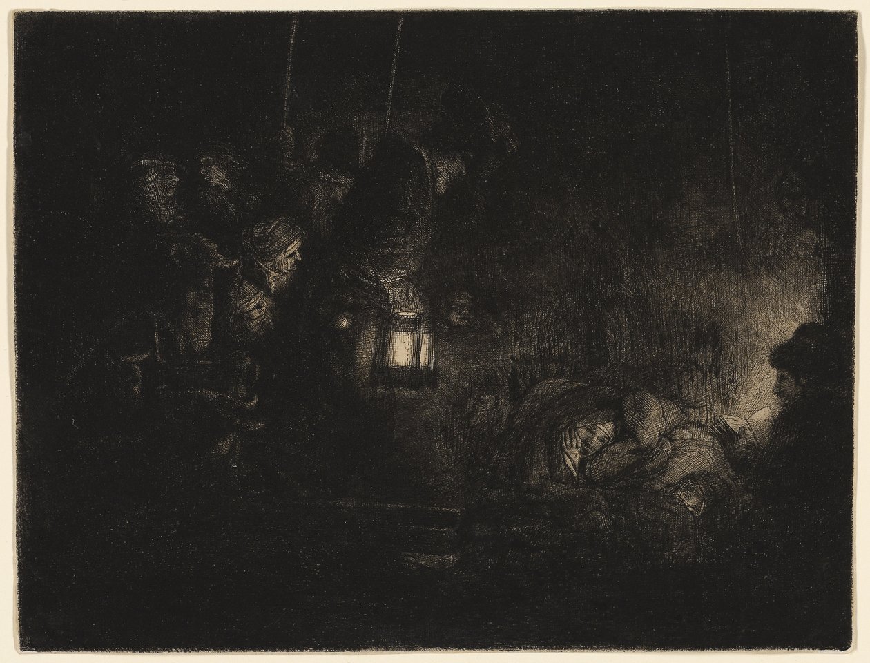 A Pásztorok imádása: Éjszakai darab, 1657 körül (rézkarc, szárazhús és feketével való temetés elefántcsontból kirakott papírra) alkotó: Rembrandt Harmensz. van Rijn
