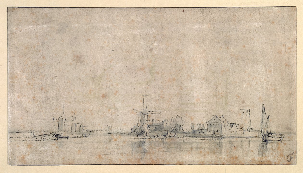 The Amstel at the Omval, 1650-53 körül (toll és tinta mosással papíron) alkotó: Rembrandt Harmensz. van Rijn