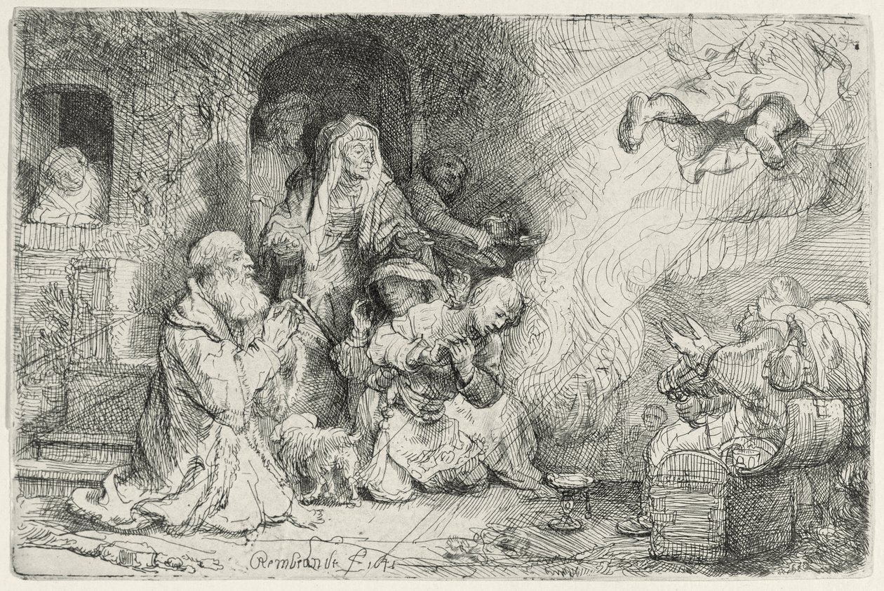 Tóbiás családjából távozó angyal (toll és tinta papíron) alkotó: Rembrandt van Rijn