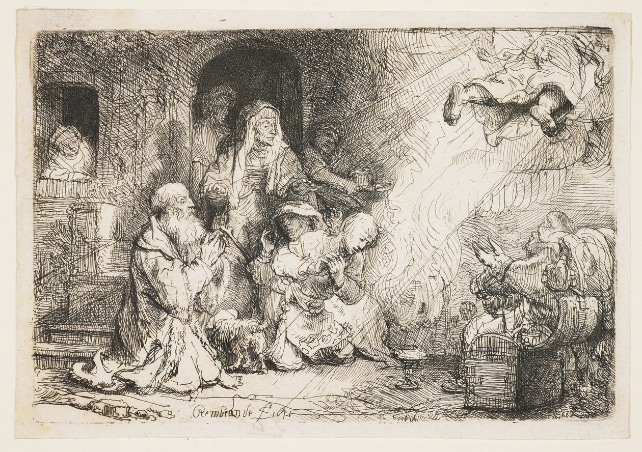 Tóbiás családjából távozó angyal alkotó: Rembrandt van Rijn