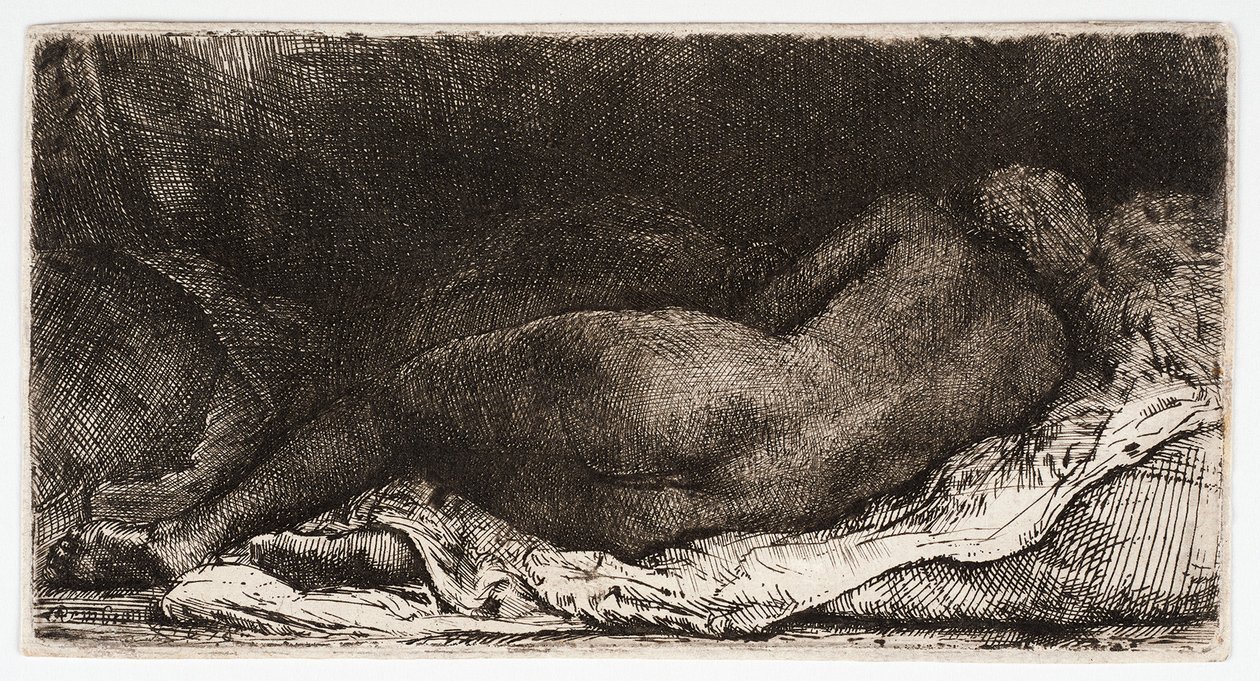 A meztelen nő, fenekével a szélben alszik, alkotó: Rembrandt Harmensz. van Rijn