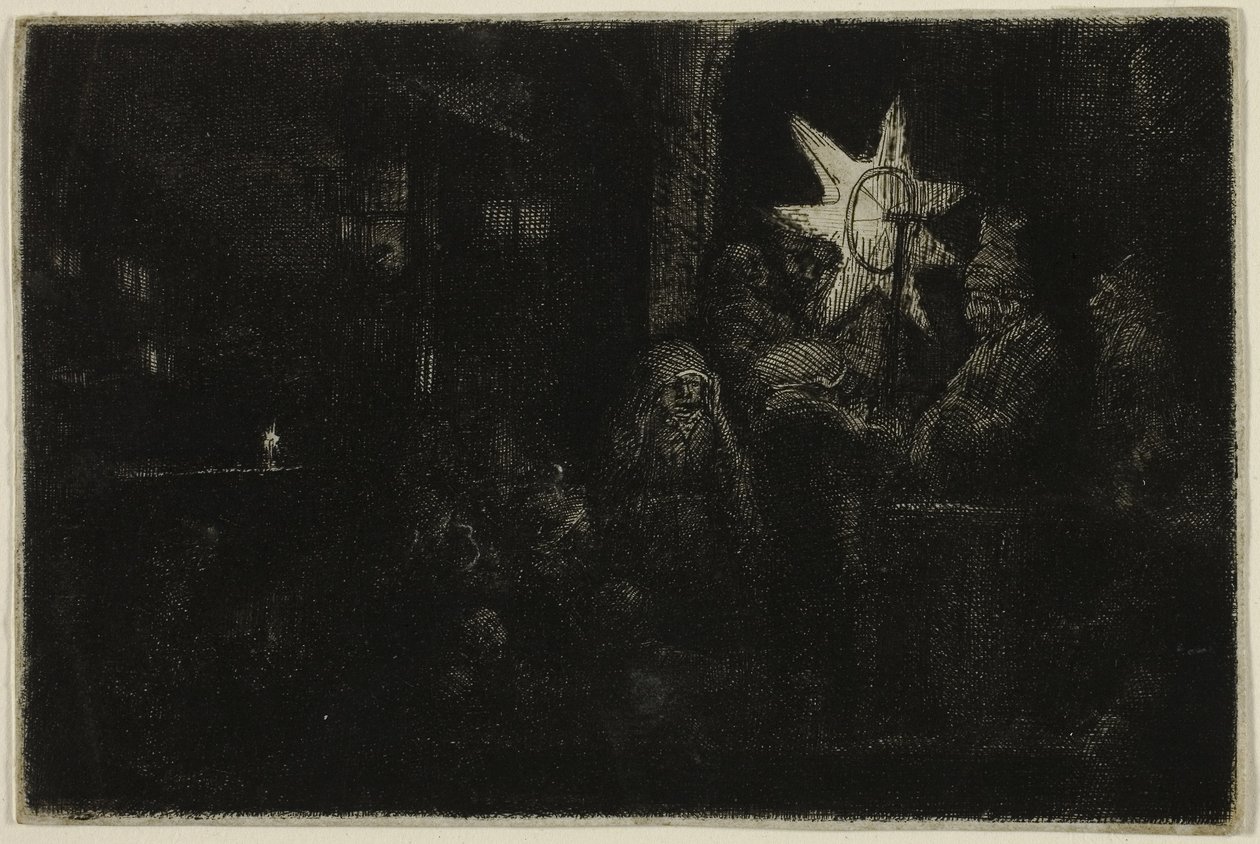 A királyok csillaga: Éjszakai darab, 1651 körül (rézkarc, szárazhús és metszet elefántcsontból kirakott papírra) alkotó: Rembrandt Harmensz. van Rijn