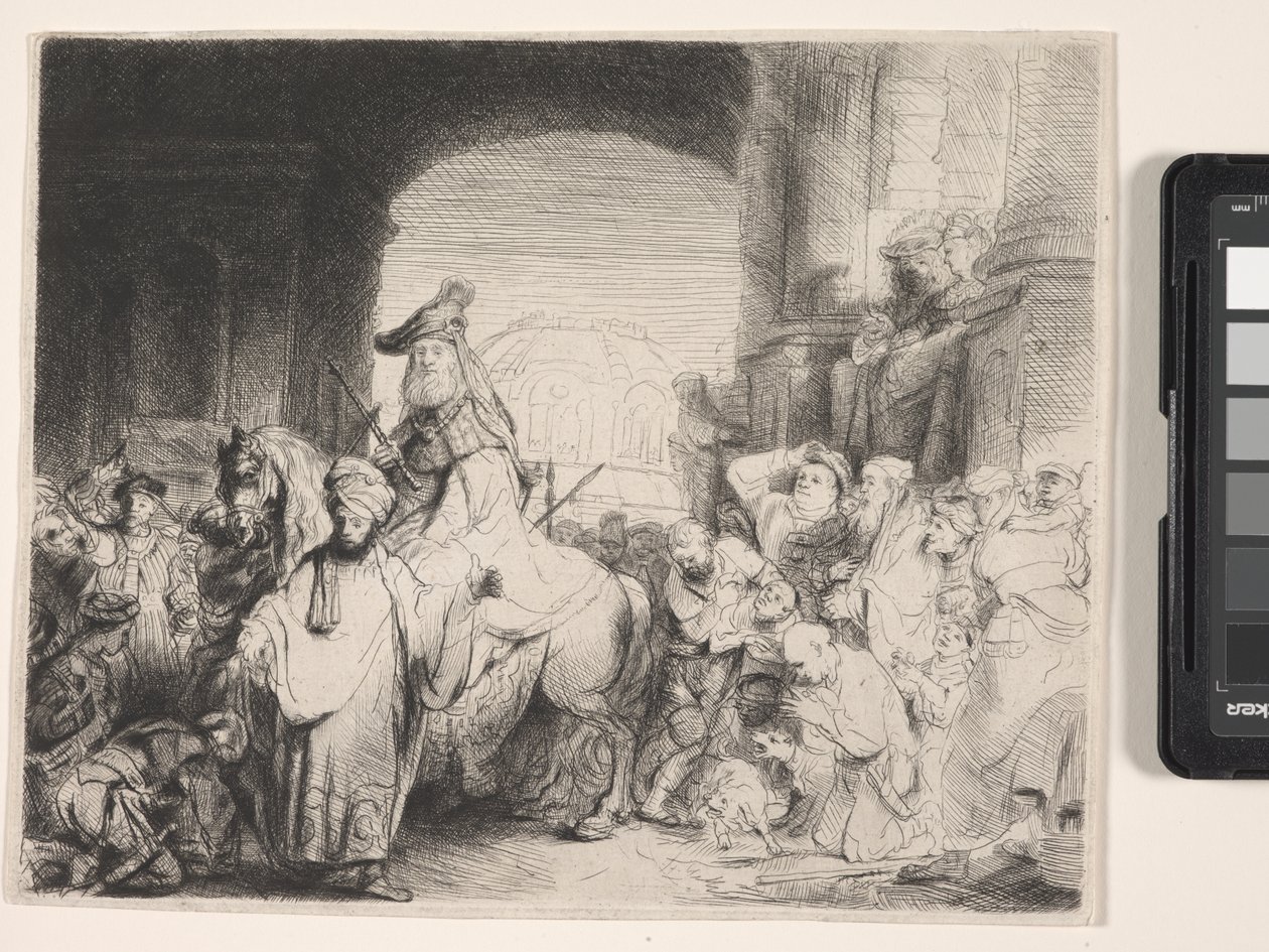 Mordokeus diadala (rézkarc és szárazhús) alkotó: Rembrandt Harmensz. van Rijn