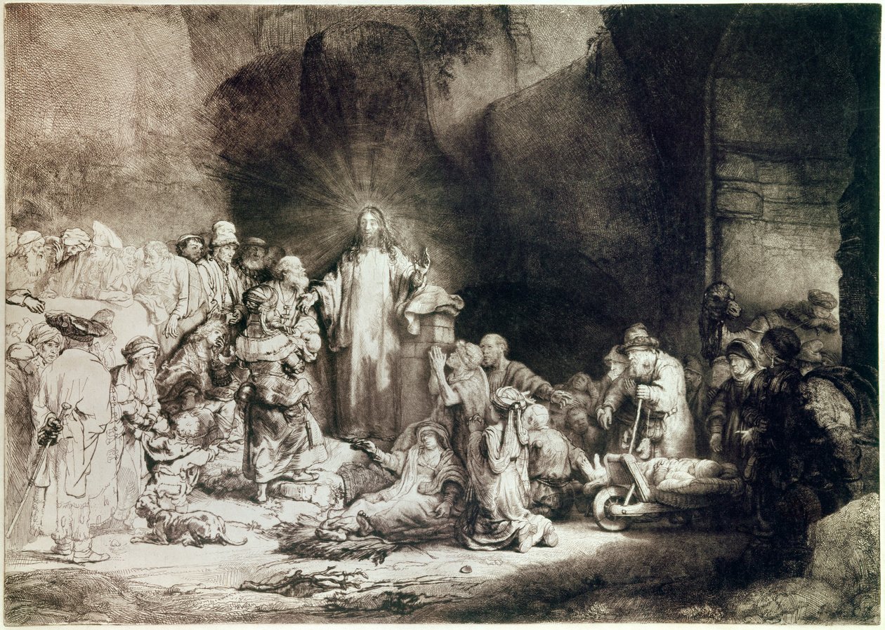 A száz guldenes darab vagy a Jézus harcos, a beteg Harmenszoon van Rijn dit Rembrandt metszete vésővel (1606-1669) 1649 kb. Nap. 0,28x0,39 m Párizs, Louvre Múzeum alkotó: Rembrandt van Rijn