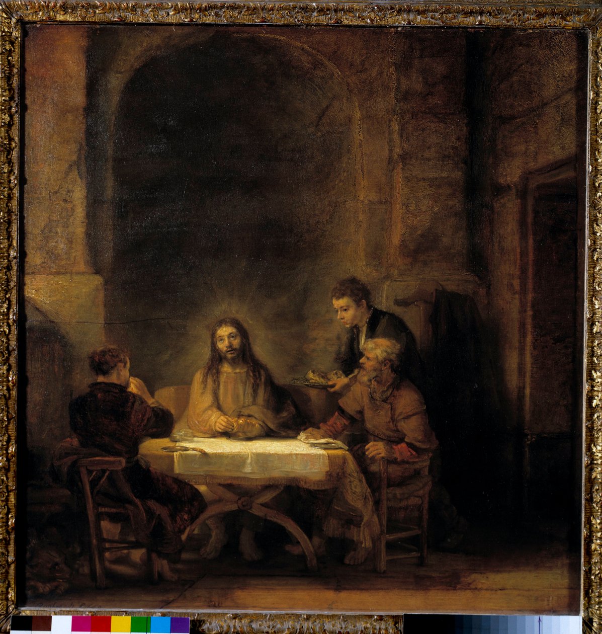Az emmausi zarándokok Krisztus megjelennek a zarándokok előtt egy emmausi fogadóban. Harmensz van Rijn dit Rembrandt festménye (1606-1669) 1648 V. 0,68x0,65 m - Az emmausi zarándokokat emmausi vacsorának is nevezik. Krisztus megjelenése a zarándokoknak alkotó: Rembrandt van Rijn