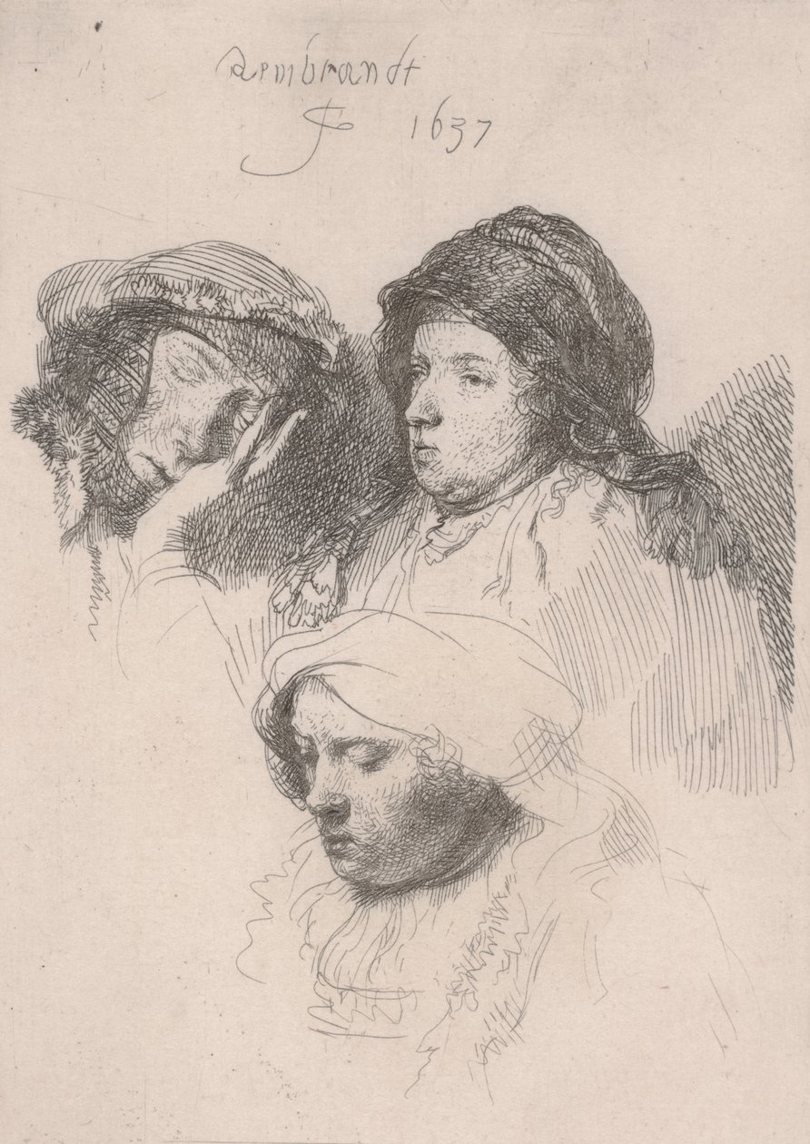 Három nőfej, egy alszik alkotó: Rembrandt van Rijn