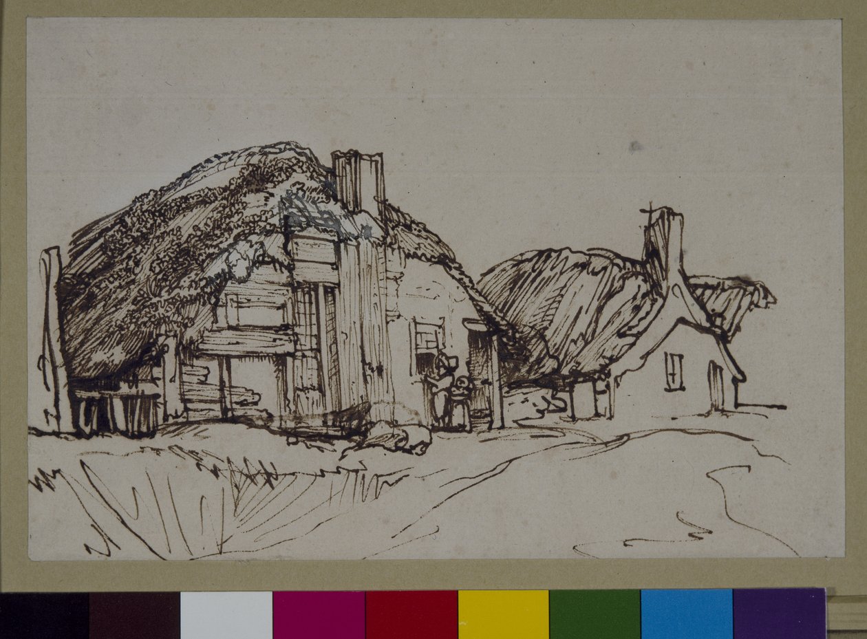 Két nádfedeles házikó figurákkal az ablaknál, 1640 körül (toll és tinta papíron) alkotó: Rembrandt Harmensz. van Rijn