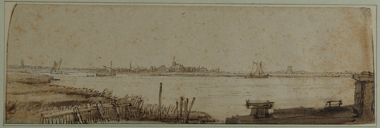 Kilátás az IJ folyóra a Diemerdijk felől, 1650 körül (toll és tinta barna mosással és fehér testszín papíron) alkotó: Rembrandt Harmensz. van Rijn