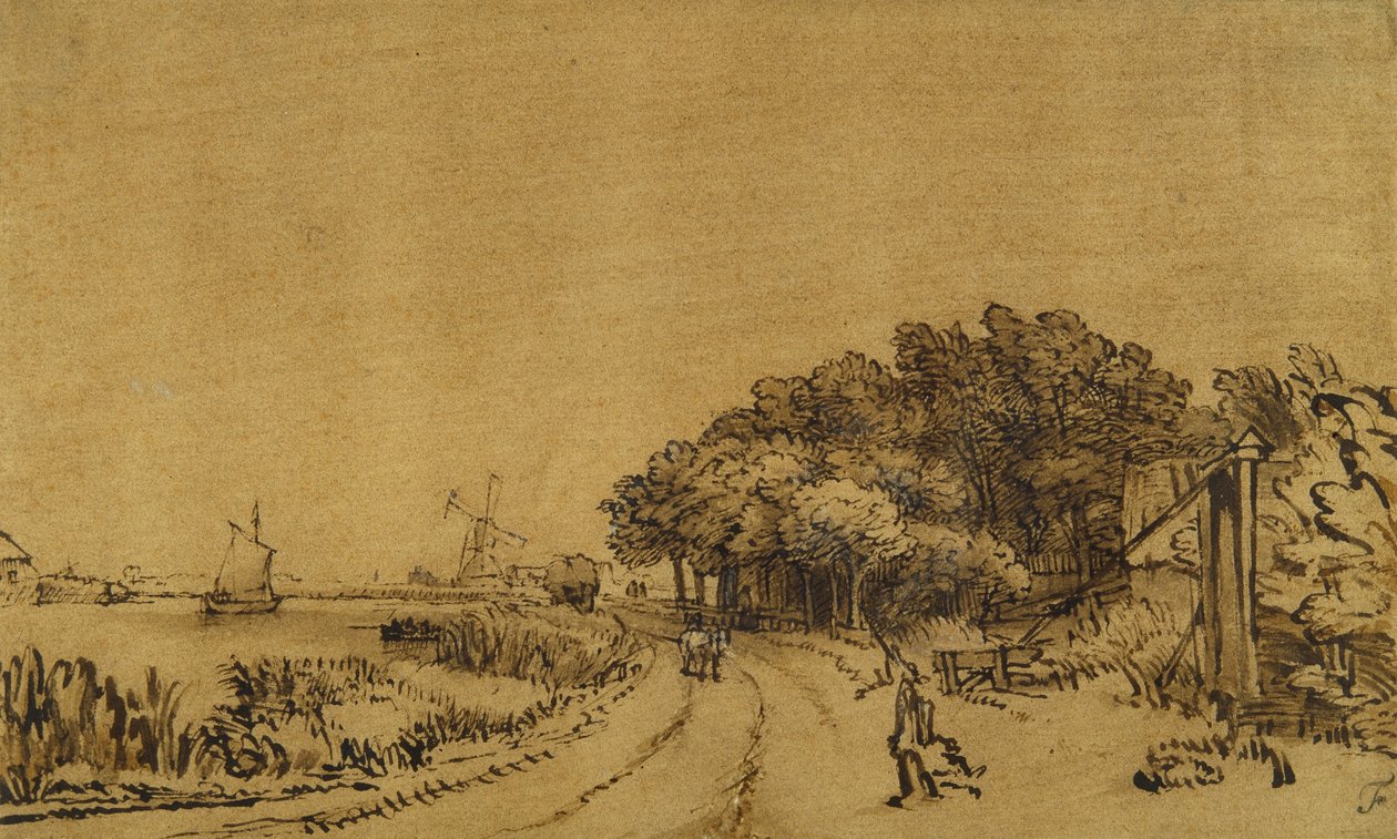 Kilátás az Amstelre: az Amsteldijk útja Trompenburgba vezet, 1649-50 körül (toll és tinta barna mosással és fehér testszín papíron) alkotó: Rembrandt Harmensz. van Rijn
