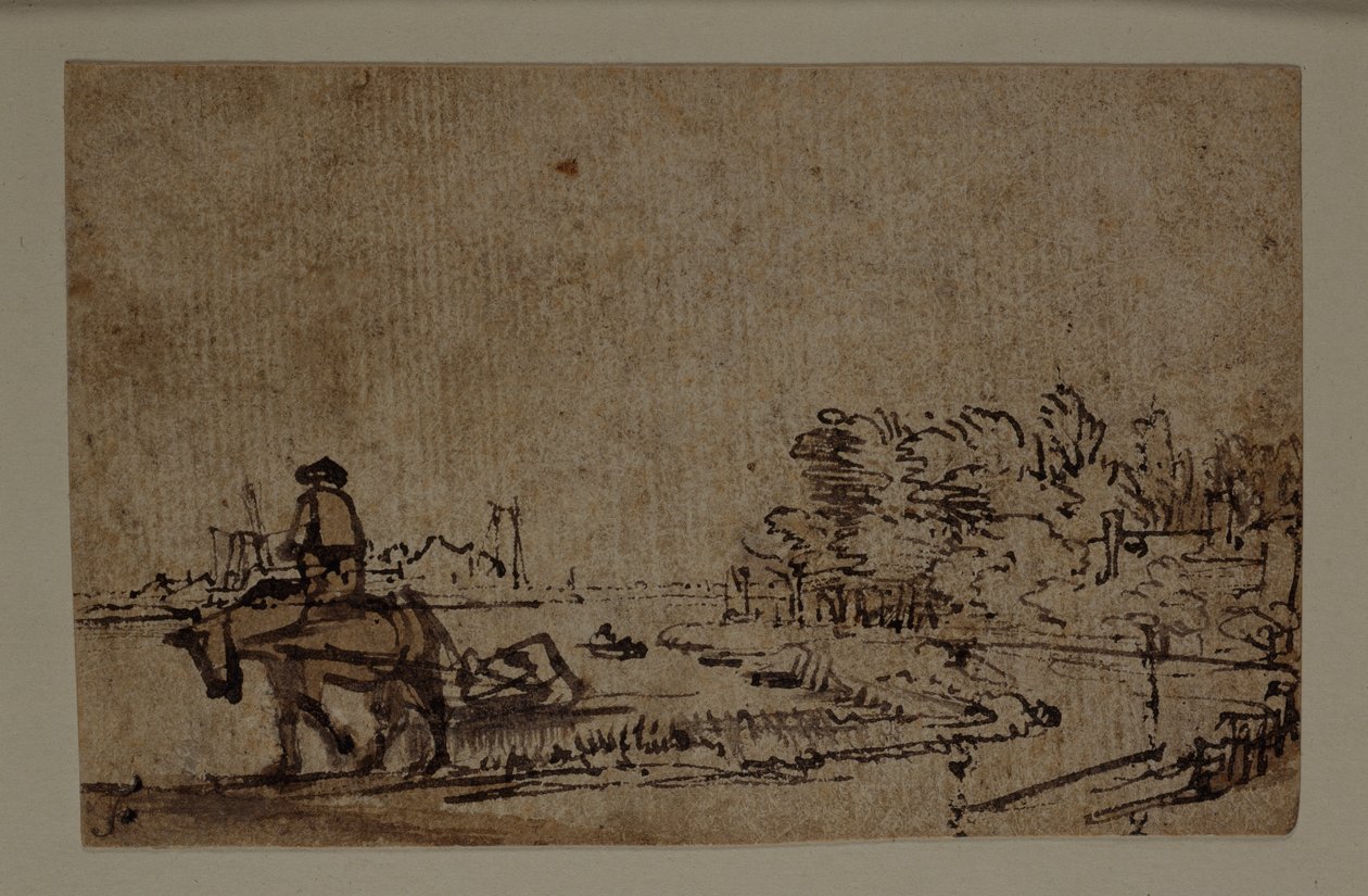 Kilátás az Amstelre, egy ló uszályt vontató, 1650 körül (toll és tinta barna mosással, papíron) alkotó: Rembrandt Harmensz. van Rijn