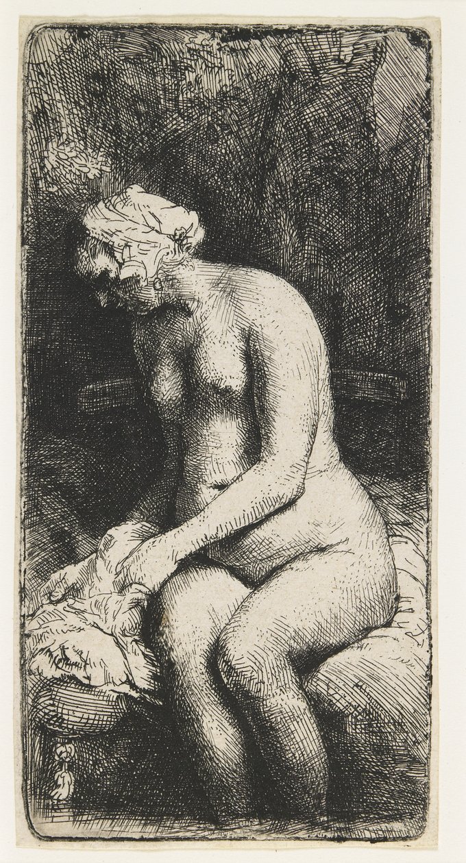 Nő fürdeti a lábát egy pataknál alkotó: Rembrandt van Rijn