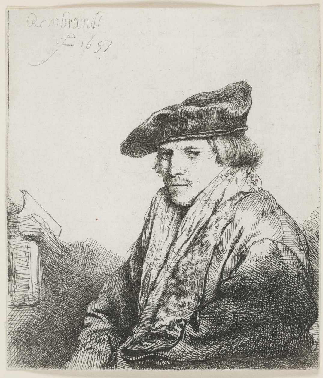 Fiatal férfi bársonysapkában, mellette könyvek alkotó: Rembrandt van Rijn
