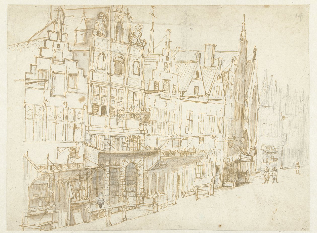 Kilátás egy házsorra a városban alkotó: Rembrandt van Rijn (school of)