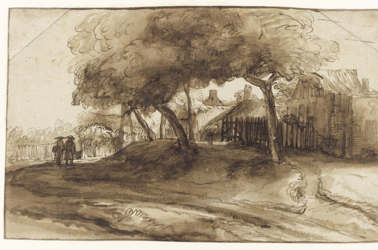 Házak és fák a töltésen alkotó: Rembrandt van Rijn (school of)