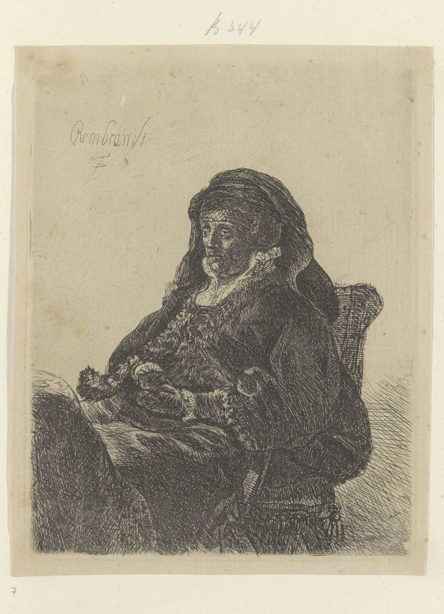 Rembrandt édesanyja fekete kesztyűs özvegyként Recueil de quatre-vingt-cinq estampes originales (sorozat címe) alkotó: Rembrandt van Rijn (school of)