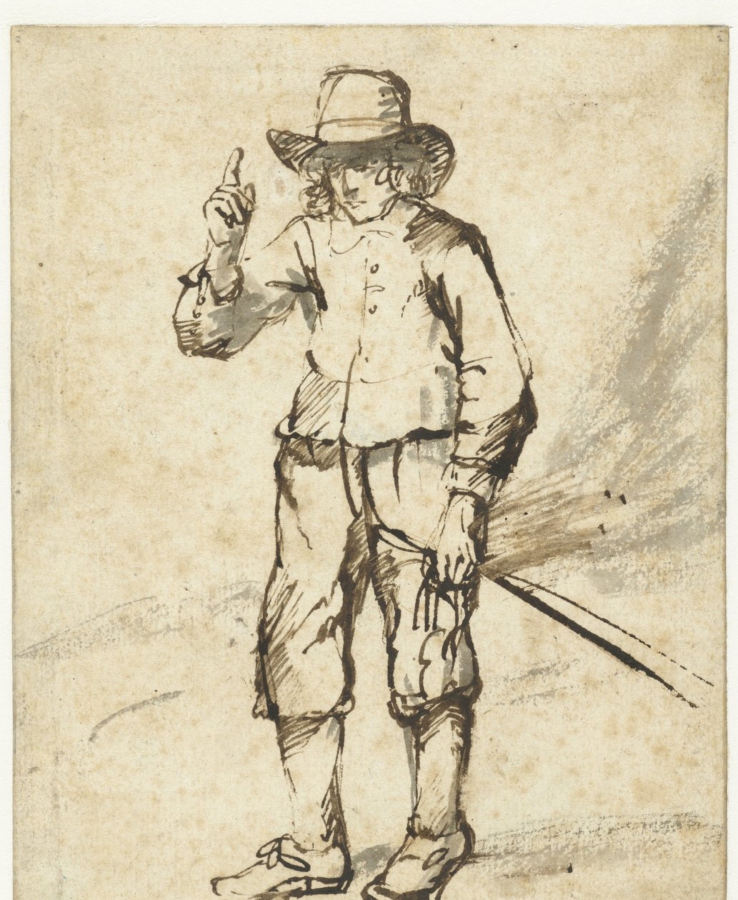 Álló fiú, aki egy ostort tart, és felemeli a jobb kezét alkotó: Rembrandt van Rijn (school of)