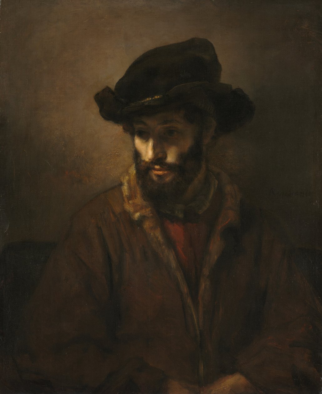 Egy szakállas férfi kalapot visel alkotó: Rembrandt van Rijn