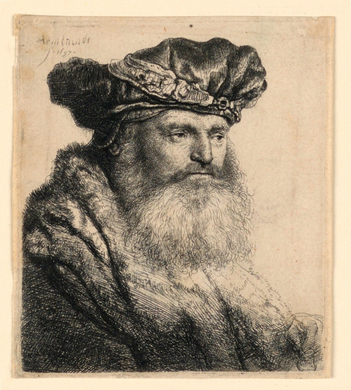 Egy szakállas férfi bársonysapkát visel ékszercsattal alkotó: Rembrandt van Rijn