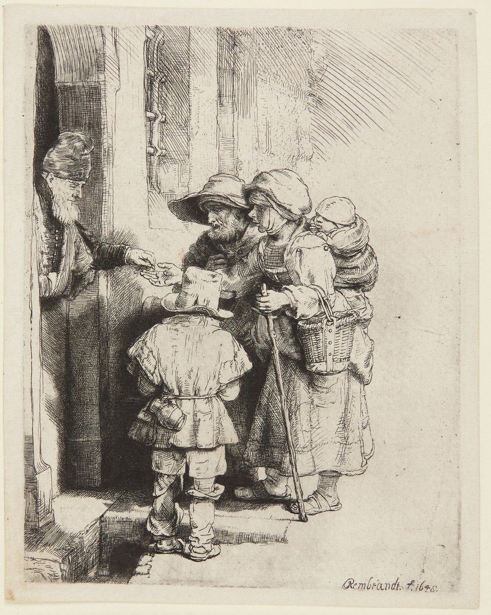 Egy vak hurdy-gurdy-játékos és családja alamizsnát kap alkotó: Rembrandt van Rijn