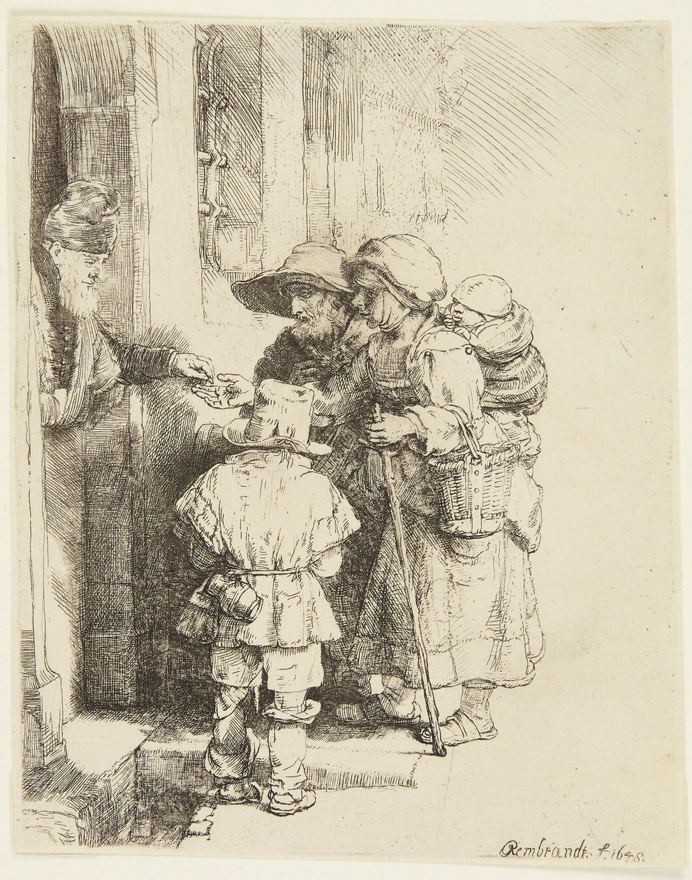 Egy vak hurdy-gurdy-játékos és családja alamizsnát kap alkotó: Rembrandt van Rijn
