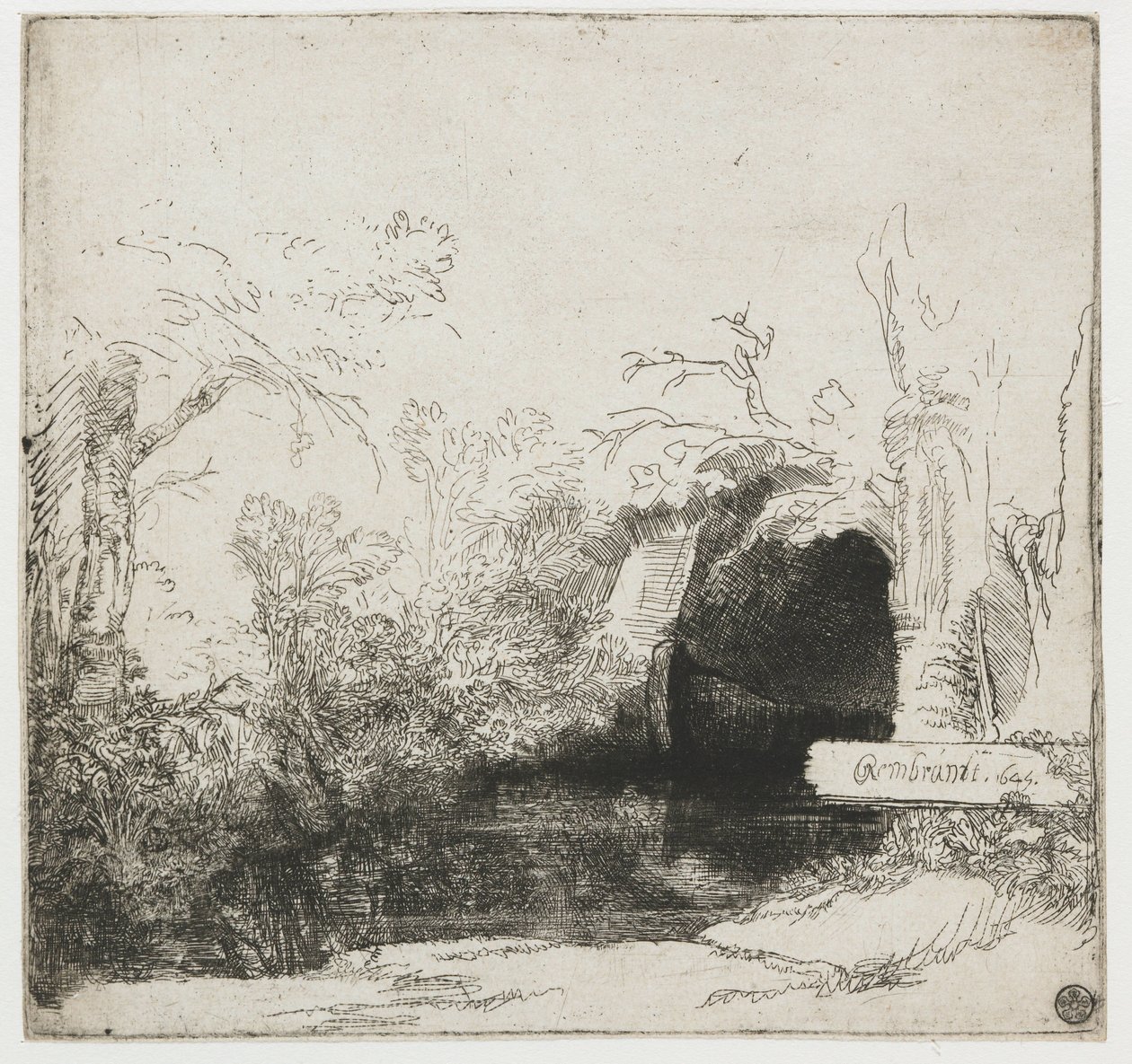 A patak barlanggal és csónakkal ("Get spelonk") Egy patak barlanggal és csónakkal alkotó: Rembrandt van Rijn