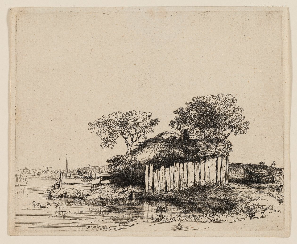 Egy kunyhó fehér sápadtsággal alkotó: Rembrandt van Rijn