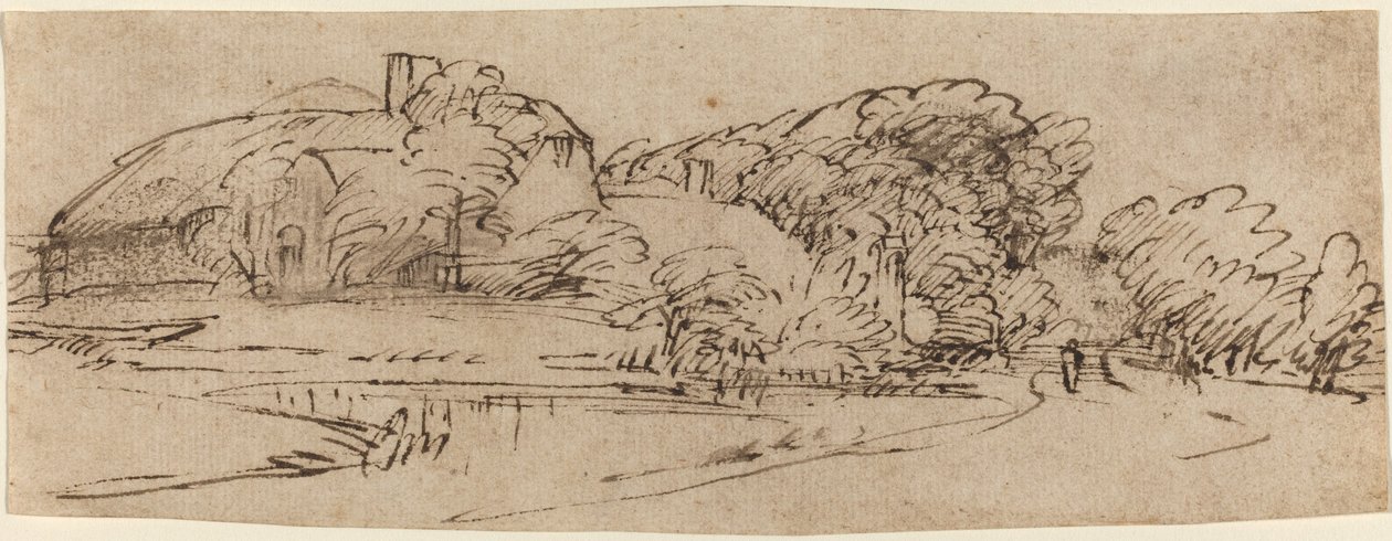 Táj farm épületekkel a fák között alkotó: Rembrandt van Rijn