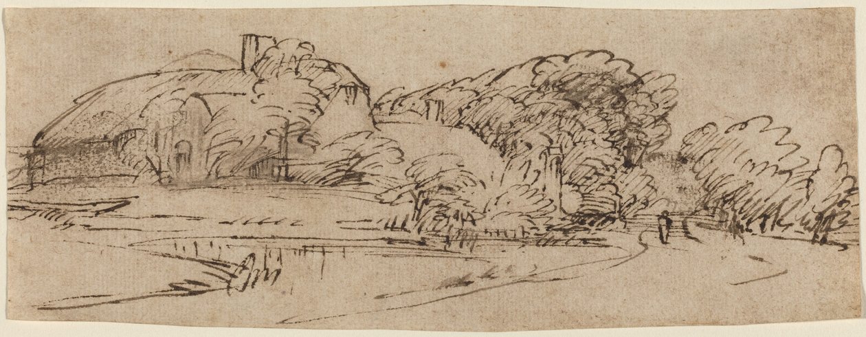 Tájkép farmépületekkel a fák között alkotó: Rembrandt van Rijn