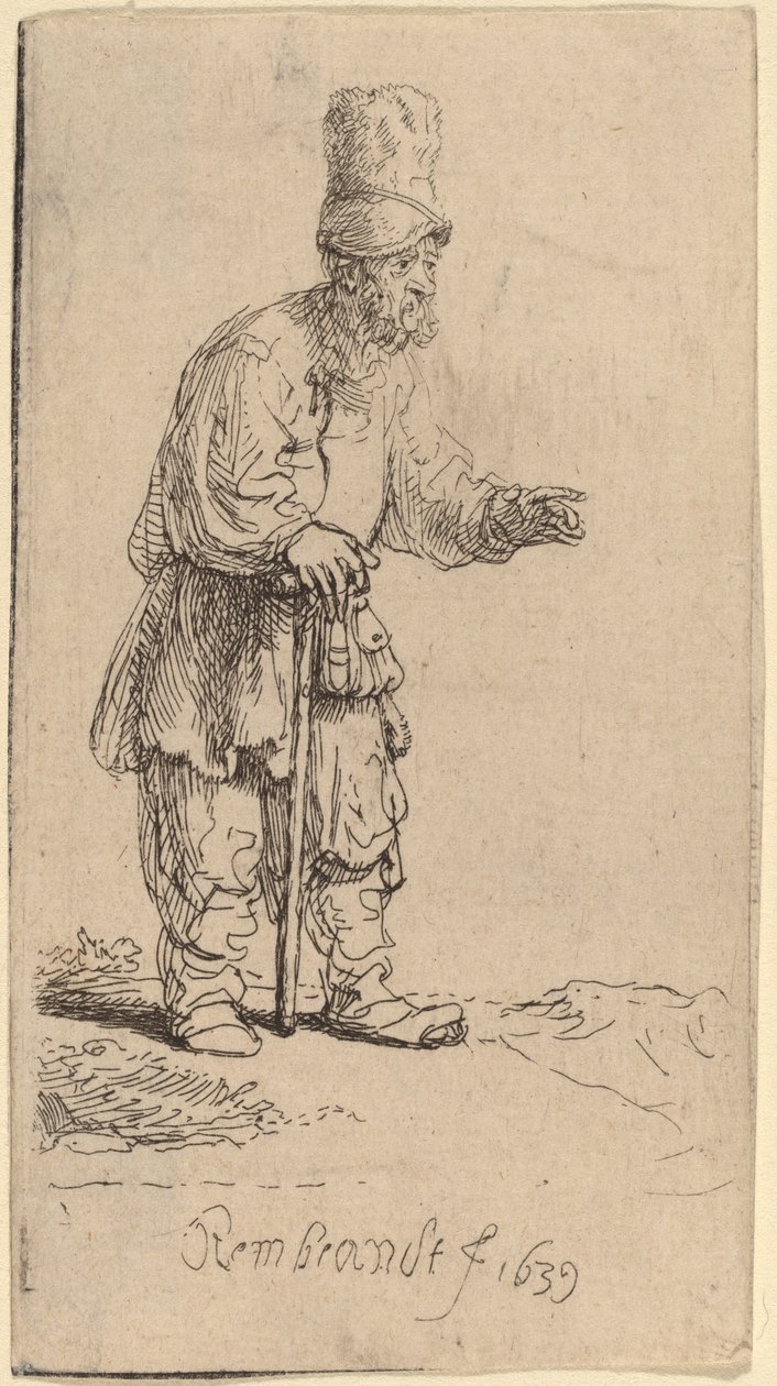 Egy paraszt magas sapkában, botra támaszkodva áll alkotó: Rembrandt van Rijn