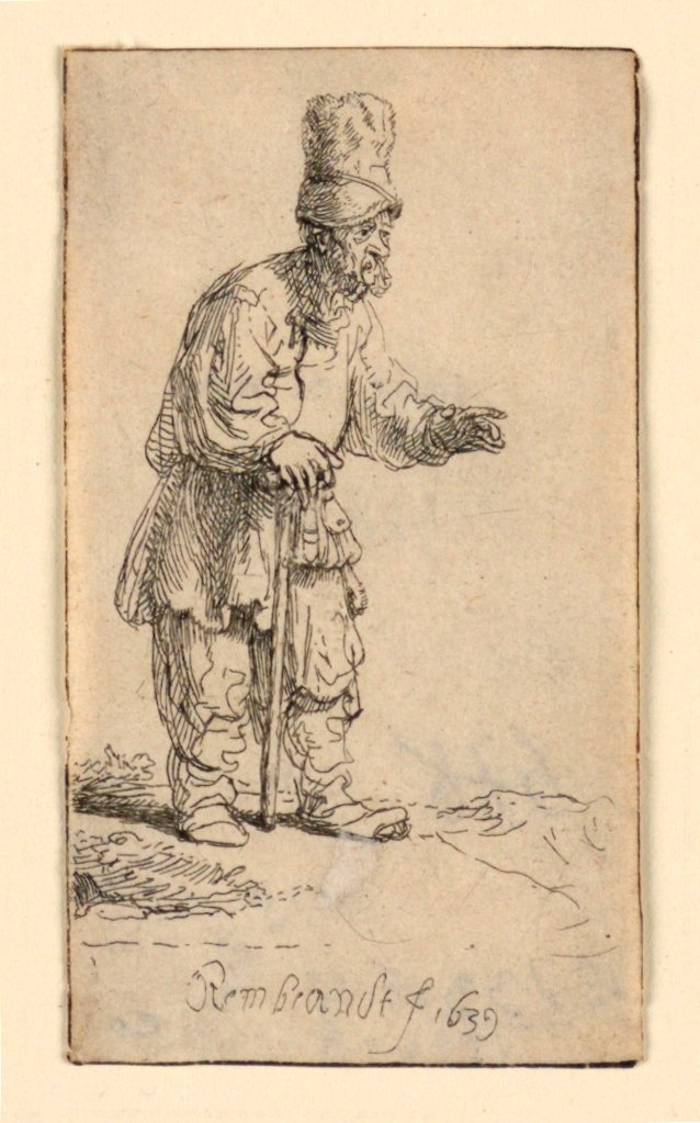 Egy paraszt magas sapkában, botra támaszkodva áll alkotó: Rembrandt van Rijn