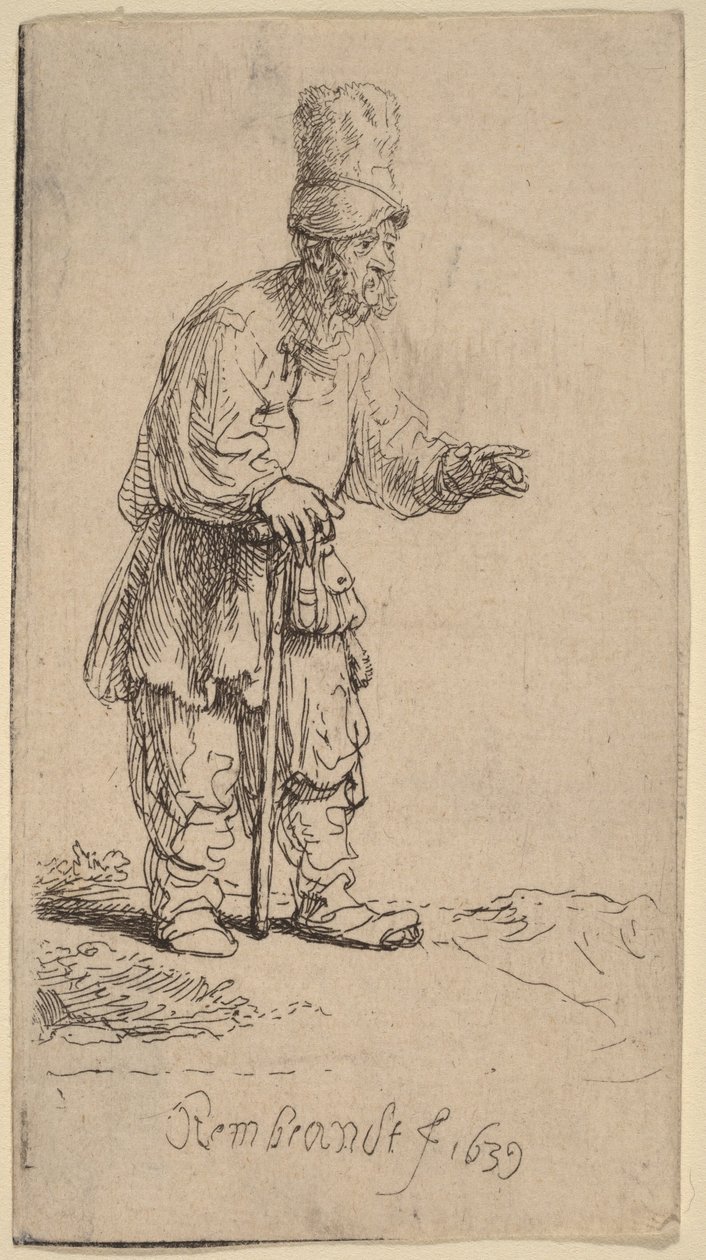 Egy magas sapkás paraszt, aki egy botra támaszkodva áll alkotó: Rembrandt van Rijn