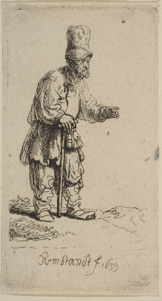 Magas sapkás paraszt, botra támaszkodva, 1639. alkotó: Rembrandt van Rijn