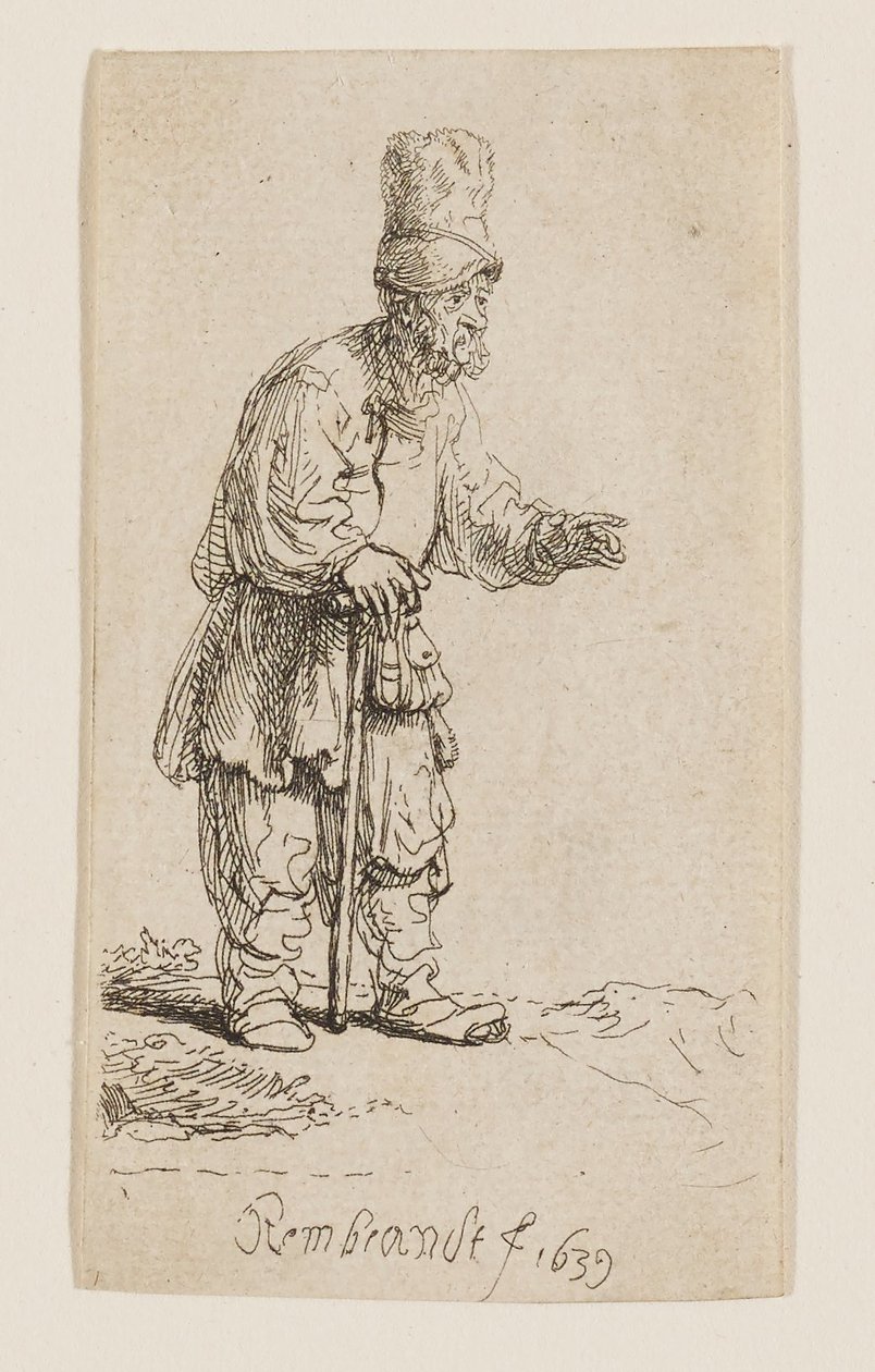 Magas sapkás paraszt, állva és botra támaszkodva alkotó: Rembrandt van Rijn
