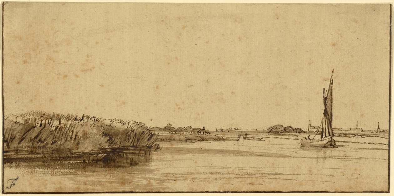 Vitorlás hajó széles vízen, 1650 körül (toll, barna tinta és barna tus, színezett papíron) alkotó: Rembrandt van Rijn