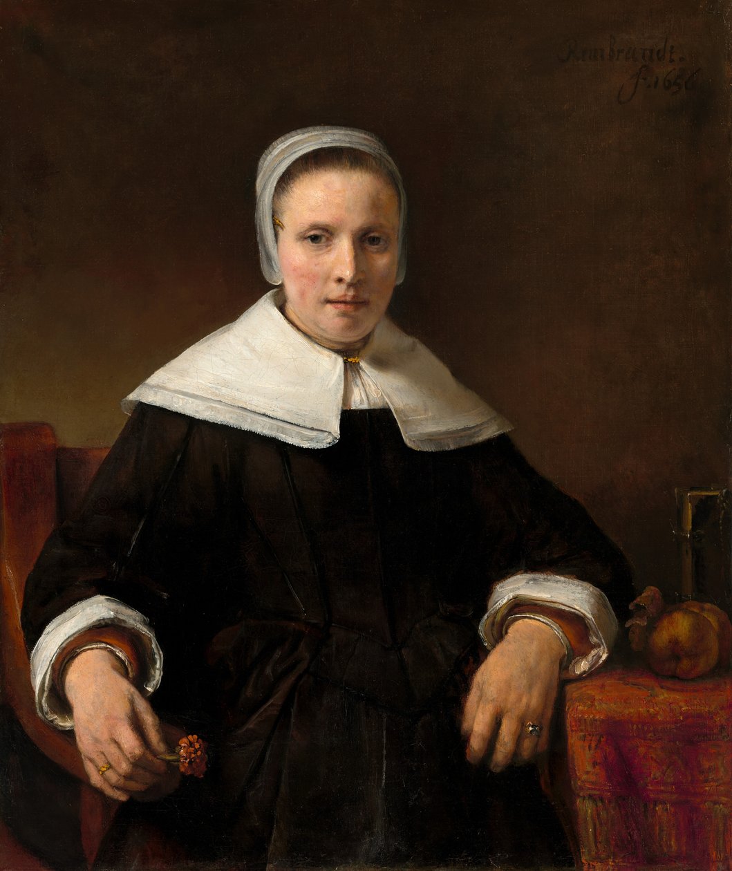 Egy nő kezében egy rózsaszín alkotó: Rembrandt van Rijn