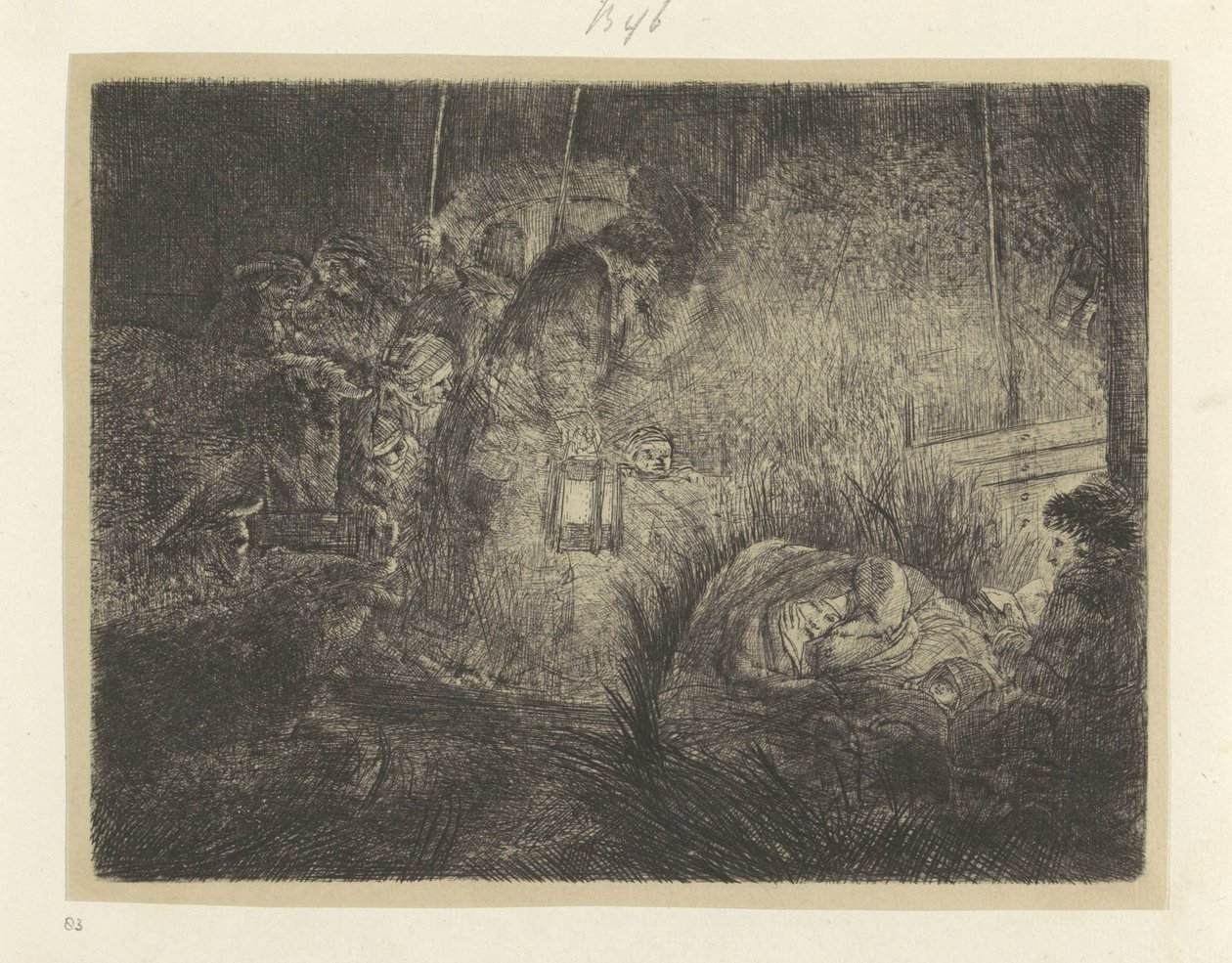 Aanbidding der herders: nachtstuk Nyolcvanöt eredeti nyomat gyűjteménye (sorozat címe) alkotó: Rembrandt van Rijn
