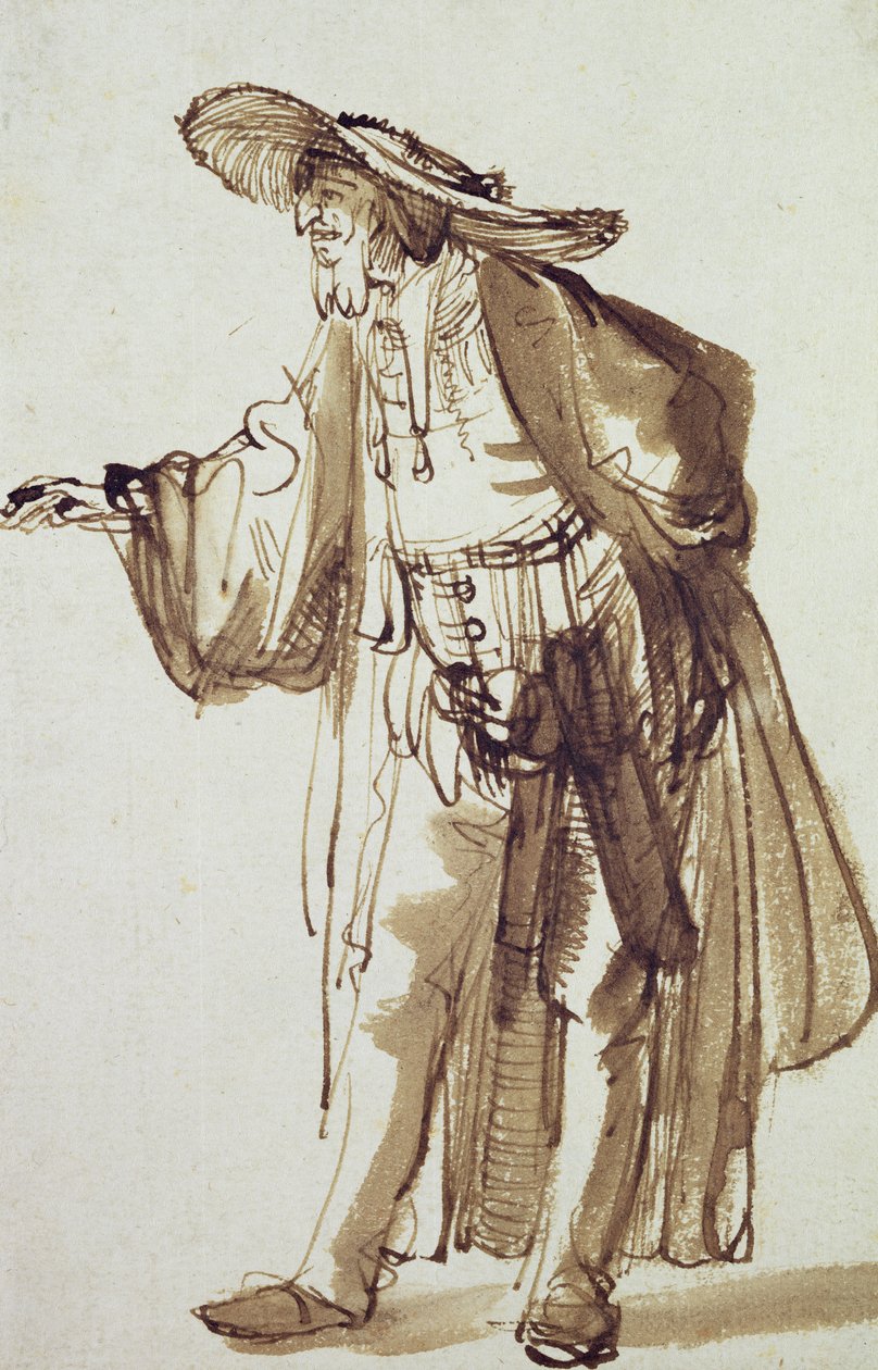 Színész széles karimájú kalappal (toll és tinta mosás papíron) alkotó: Rembrandt van Rijn