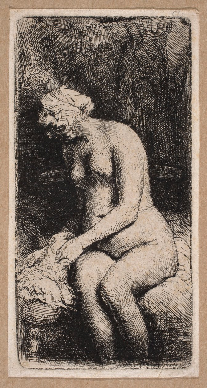 „Vízbe merített lábú” nő aktja alkotó: Rembrandt van Rijn