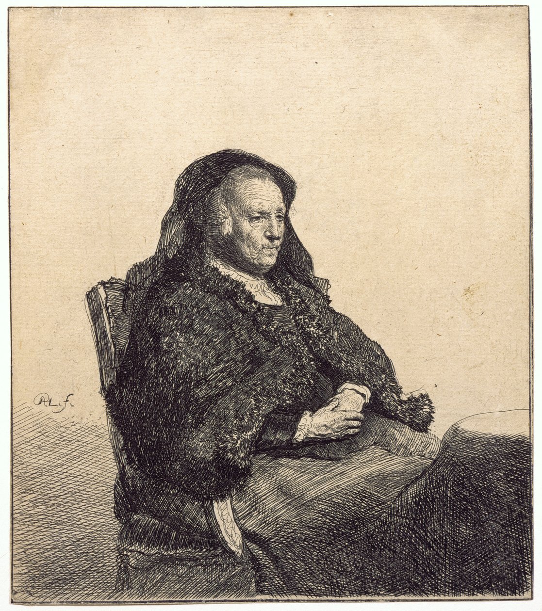 Egy idős nő (Rembrandt anyja, egy asztalnál ülve) alkotó: Rembrandt van Rijn