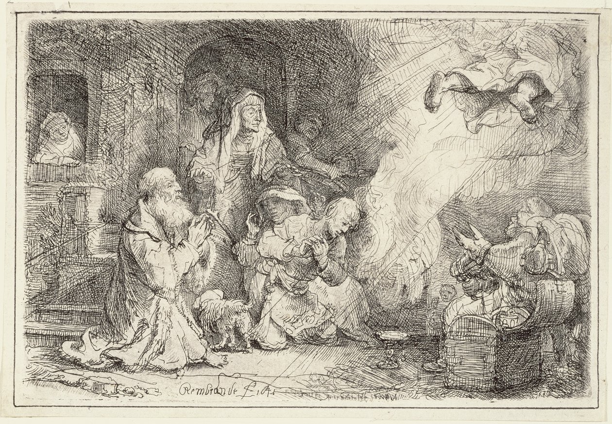 Angyal távozik Tóbiás családjától, 1641 alkotó: Rembrandt van Rijn