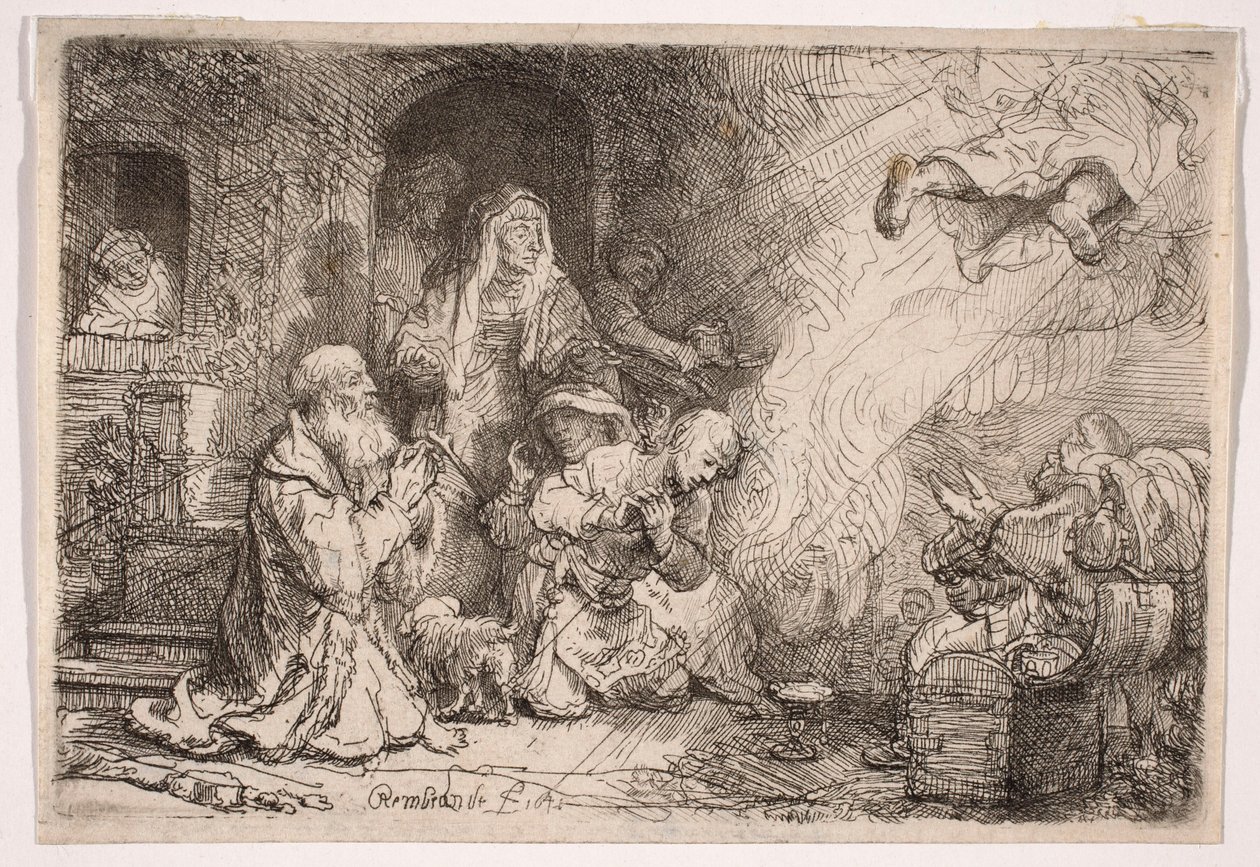 Az angyal, aki elhagyja Tóbiás családját alkotó: Rembrandt van Rijn