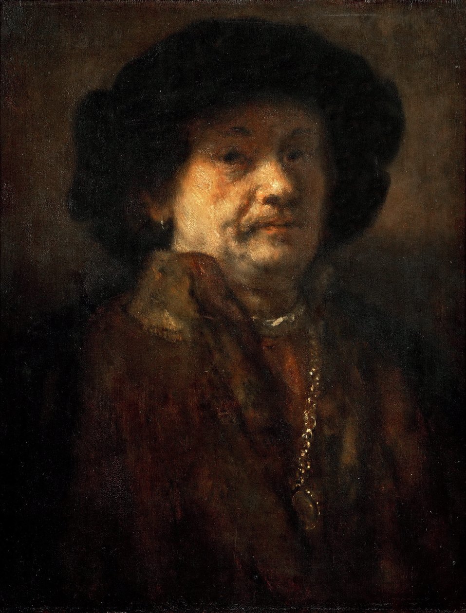 Önarckép bundában, arany lánccal és fülbevalóval, Rembrandt van Rhijn (1606-1669) alkotása. olaj a fára alkotó: Rembrandt van Rijn