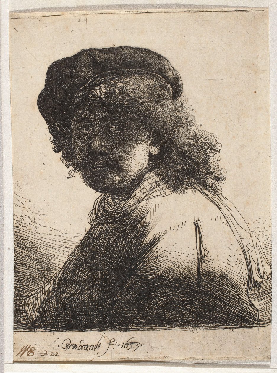 Önarckép beretben és sálban alkotó: Rembrandt van Rijn