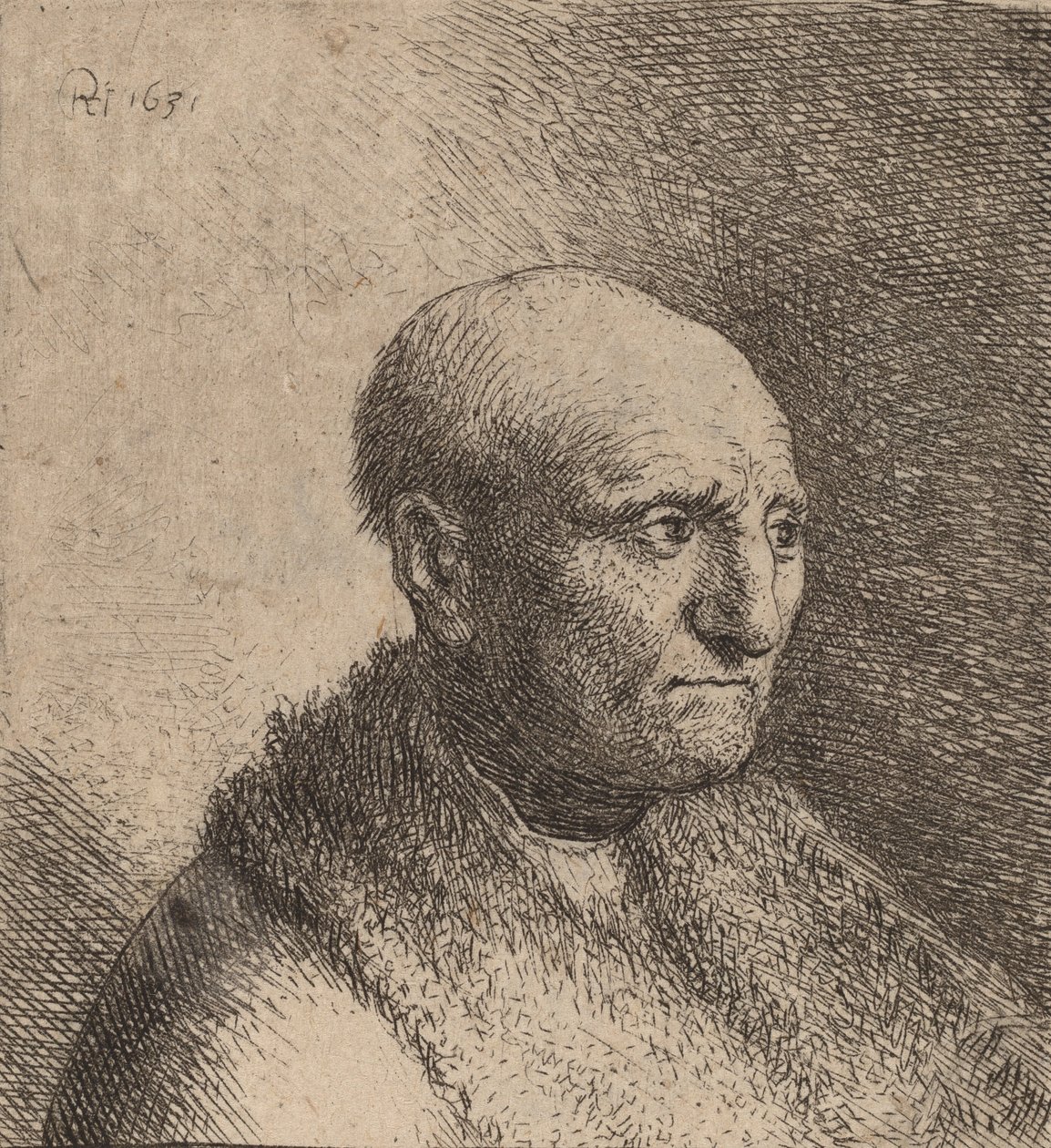 Kopasz férfi bundás köpenyben, c. 1630. alkotó: Rembrandt van Rijn