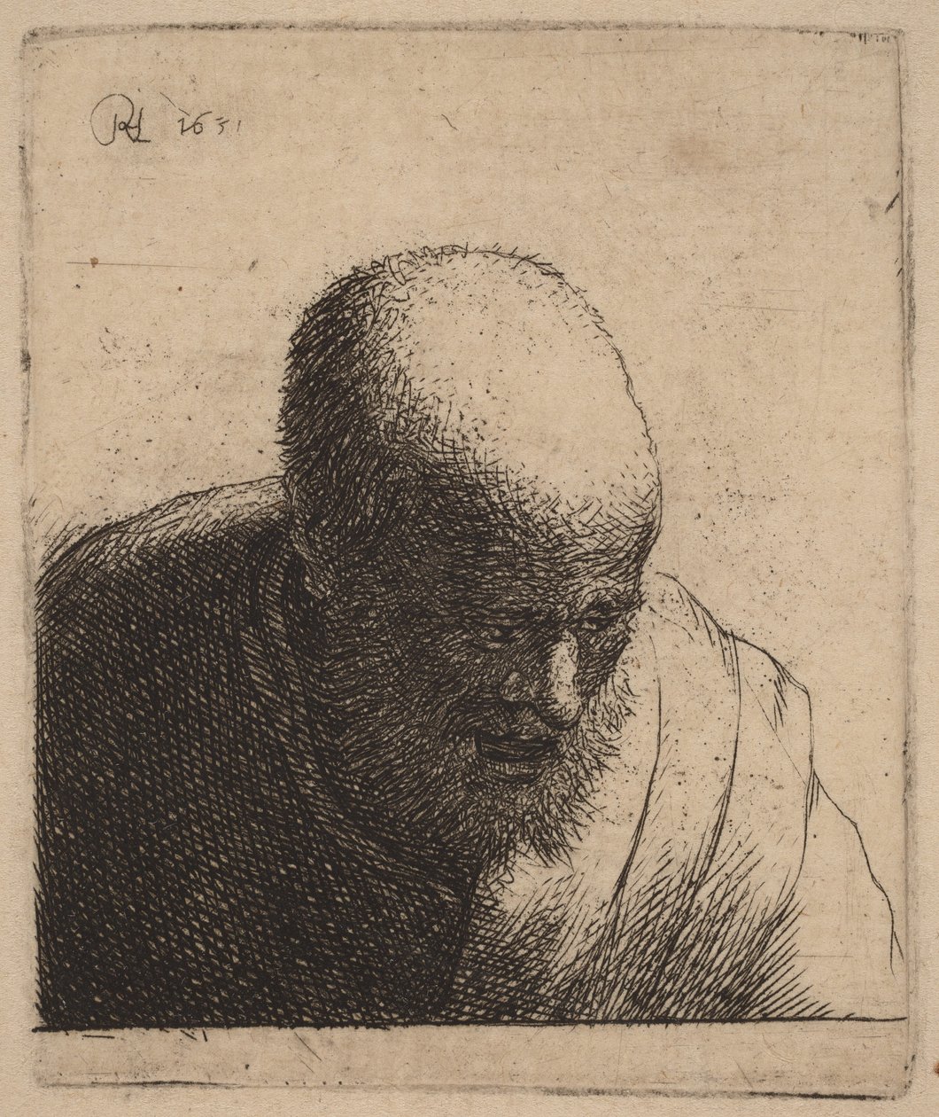 Kopasz férfi, nyitott szájjal, lefelé nézve alkotó: Rembrandt van Rijn