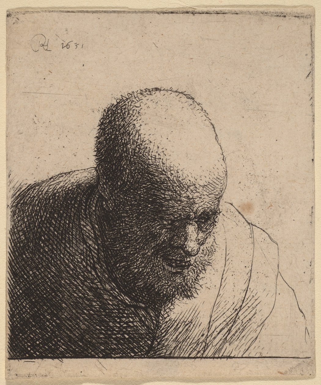 Kopasz férfi, nyitott szájjal, lefelé nézve alkotó: Rembrandt van Rijn