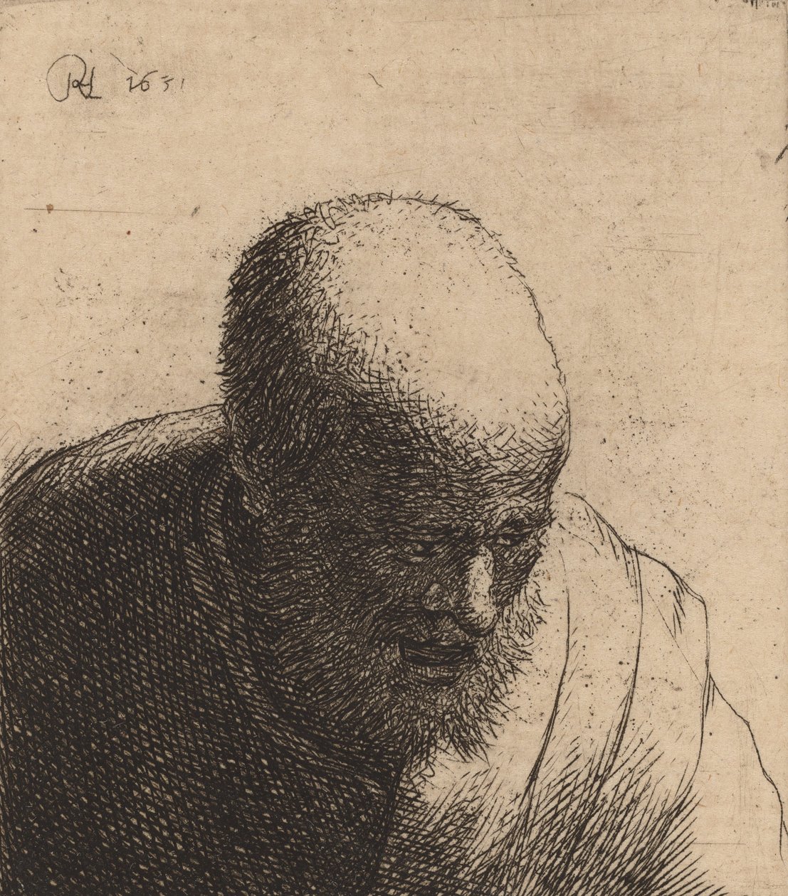 Kopasz férfi tátott szájjal, lenéz, c. 1630. alkotó: Rembrandt van Rijn